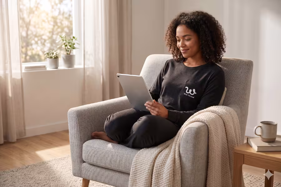Minimalist lifestyle shot of a human resting comfortably in a modern, light grey Scandinavian armchair. They are curled up, smiling slightly while reading a sleek digital tablet.