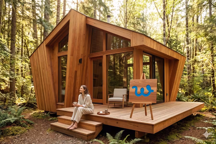 Minimalist exterior lifestyle photography of a modern, geometric wooden cabin set in a tranquil, bright forest. A person is sitting peacefully on the front porch steps, looking out into nature.