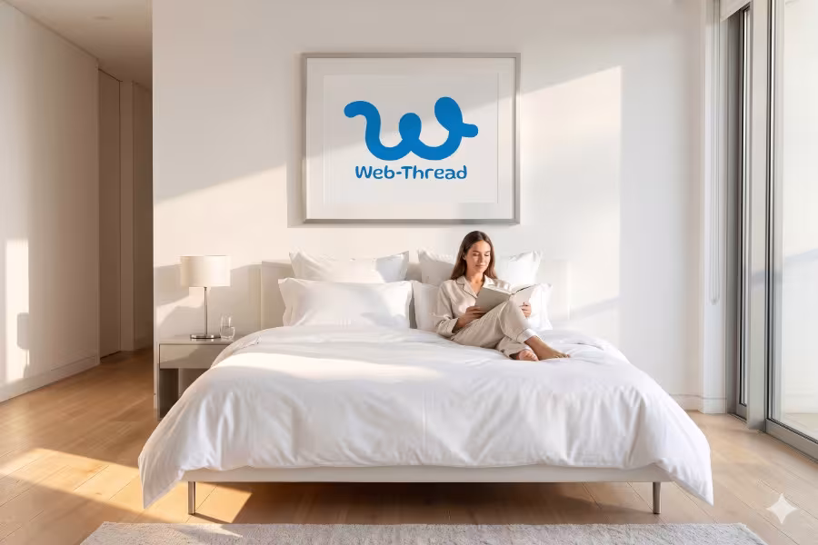 Minimal interior photography of a bright, luxurious hotel bedroom. A pristine king-size bed with crisp white linens is the focal point. A human guest is comfortably lying in bed, reading a book, appearing relaxed. Sunlight streams through a large window.