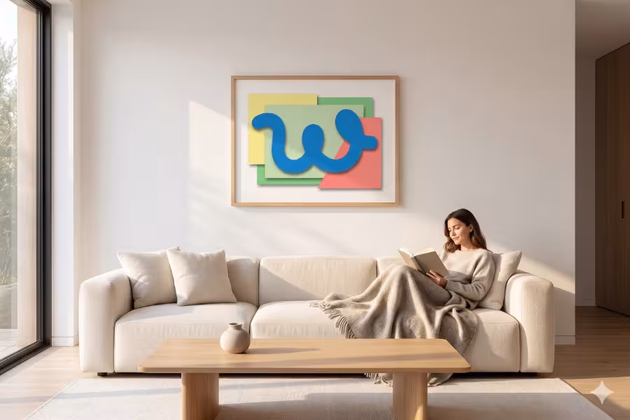 Minimal interior photography of a bright, luxurious hotel living room. A human guest is comfortably lying in sofa, reading a book, appearing relaxed. Sunlight streams through a large window.