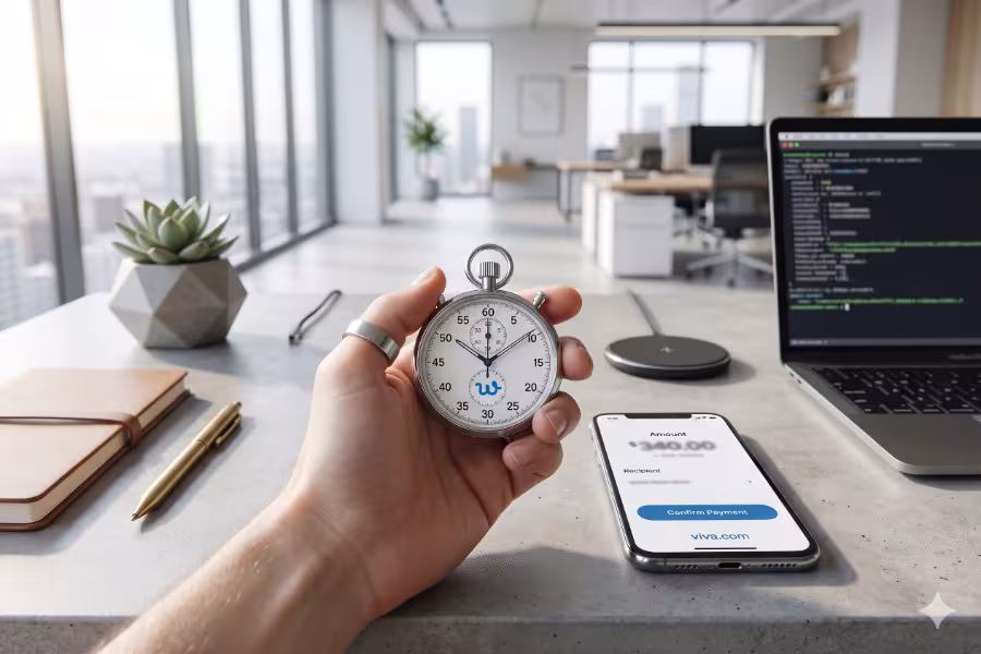 Minimal lifestyle photography of a fast-paced but organized modern workspace desk setup. A human hand is holding a sleek, minimalist analog stopwatch resting next to a modern smartphone displaying a clean payment screen. 