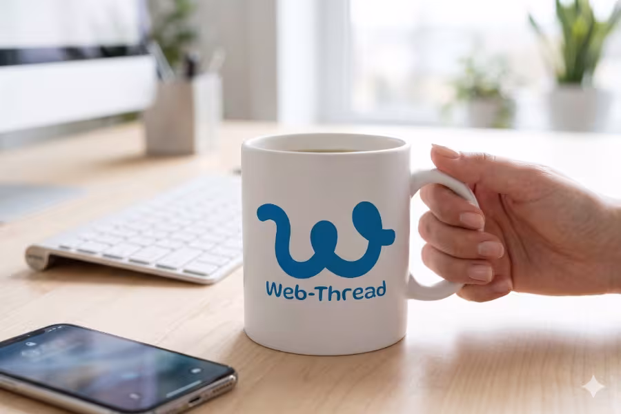 A close-up, high-end lifestyle shot focusing on a matte white ceramic coffee mug that stand at the working desk.