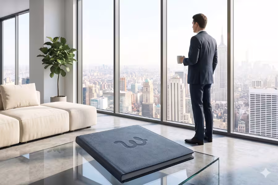 High-end lifestyle photography of a modern minimalist penthouse living area. A human figure stands by a floor-to-ceiling window, looking out at a stunning, bright city skyline. They are holding a coffee mug and appearing calm.