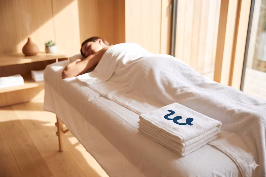 Minimalist spa lifestyle photography. A tranquil, sunlit room with modern light wood accents. A pristine massage table covered in crisp white linens is the center focus. A person is lying comfortably face down on the table, appearing relaxed, with a soft white towel.