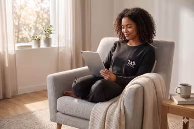 Minimalist lifestyle shot of a human resting comfortably in a modern, light grey Scandinavian armchair. They are curled up, smiling slightly while reading a sleek digital tablet.